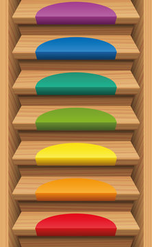 Staircase with seven rainbow colored mats - endlessly expendable upwards and downwards. Vector illustration.