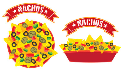 Supreme cheese mexican nachos plate with banner high angle view and side view illustration vector

