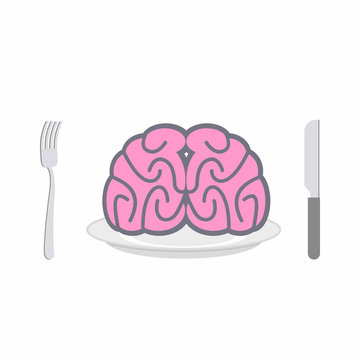 Brain on  plate. Cutlery: knife and fork. Allegory of Food vecto