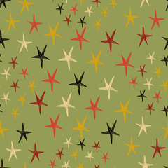 Seamless pattern with stars. Endless green background. Vector illustration.