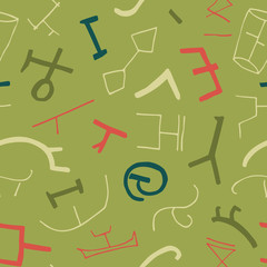 Vector seamless texture with ancient elements on green background.