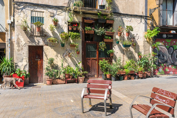 Fototapeta na wymiar With flowers, plants and flowerpots decorated house in the Barcelona district La Ribera. Some beautiful spaces and places in the narrow neighborhood in the Barcelona district La Ribera