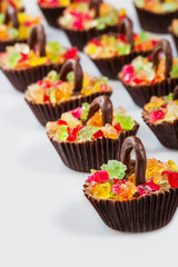 Mini chocolate baskets with jelly cuts
