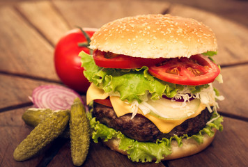 Hamburger on the table closeup