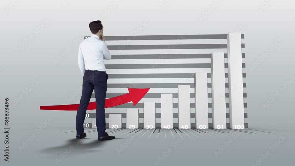 Poster businessman watching progress graph with arrow