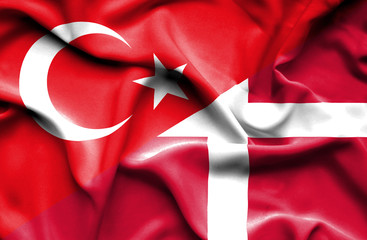 Waving flag of Denmark and Turkey