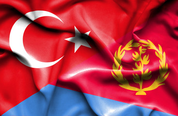 Waving flag of Eritrea and Turkey