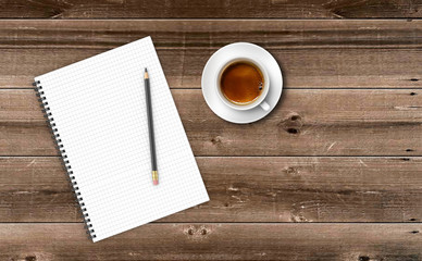 Notepad with cup of coffee on wooden table.