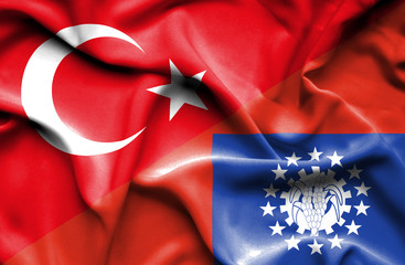 Waving flag of Myanmar and Turkey