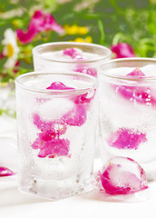 Fresh sparkling beverage with ice with rose petals on white wood