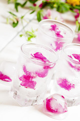 Fresh sparkling beverage with ice with rose petals on white wood