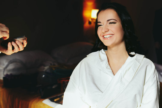 happy elegant stylish luxury beautiful brunette bride preparing