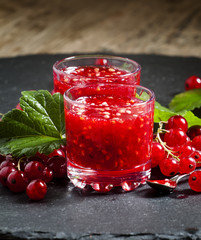 Fresh homemade jam rubbed red currants in a glass, selective foc