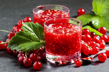 Fresh homemade jam rubbed red currants in a glass, selective foc