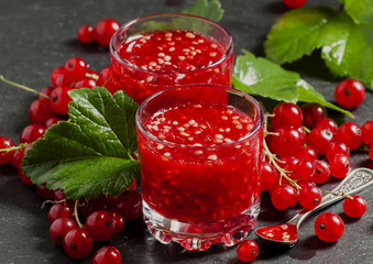 Fresh homemade jam rubbed red currants in a glass, selective foc