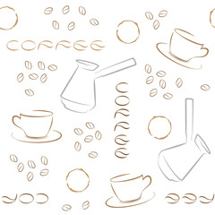 Coffee seamless pattern with coffee beans, turk and cups.