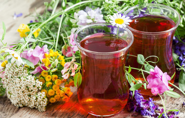 Black tea with  herbs in an authentic Middle Eastern glasses on