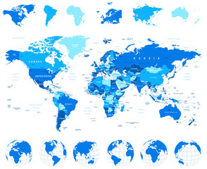 World Map, Globes, Continents - illustration.Highly detailed vector illustration of world map, globes and continents.
