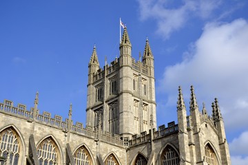 Outside facade of Bath cathedral and sky 