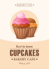 Poster vector template with cupcakes. Advertising for bakery shop or cafe.