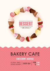 Poster vector template with sweets. Advertising for bakery shop or cafe.