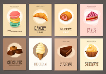 Set of brochures with sweets. Vector templates. Backgrounds with ice cream, cakes, cupcakes and candies.