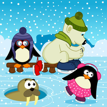 polar bear walrus penguin on rink - vector illustration, eps
