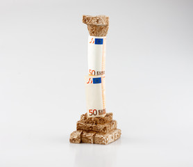 Greek crisis, euro bills on grichischer column