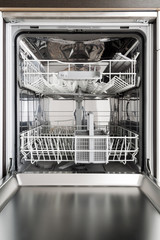 Close-up photo of an Empty Opened Dishwasher