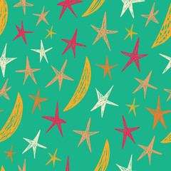 Seamless pattern with stars and moons. Starry background. Endless stylish blue texture.