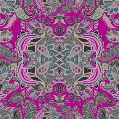 Abstract vector seamless pattern with abstract flowers and leaves on bright background.