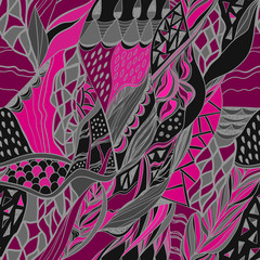 Abstract hand drawn composition with Traditional ornamental. Pink  and gray colors.