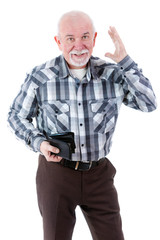 Old man portrait, shocked, surprised, speechless business senior mature man, worker, employee, holding empty wallet, isolated white background. Bankruptcy, financial difficulty. Human face expression.