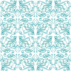 Retro blue floral elements on white background abstract geometric seamless pattern