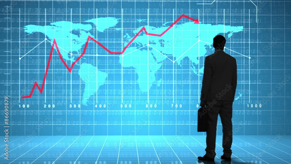 Poster businessman looking at global business interface with diagrams