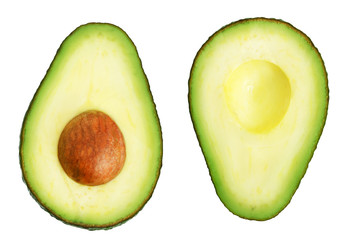 Two slices of avocado isolated on the white background. One slice with core. Design element for product label. - obrazy, fototapety, plakaty