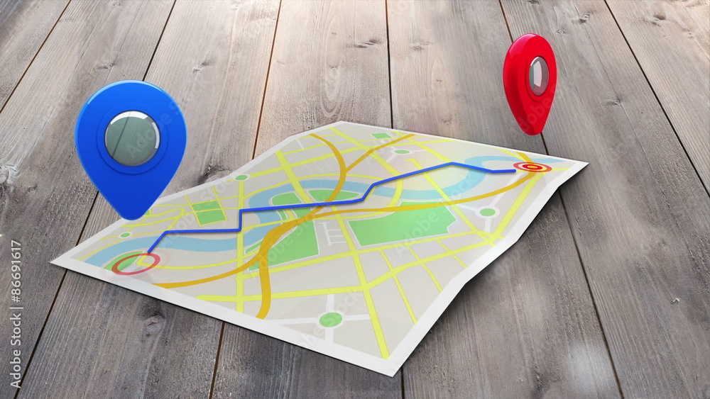 Poster Red marker showing the way on a map of a town