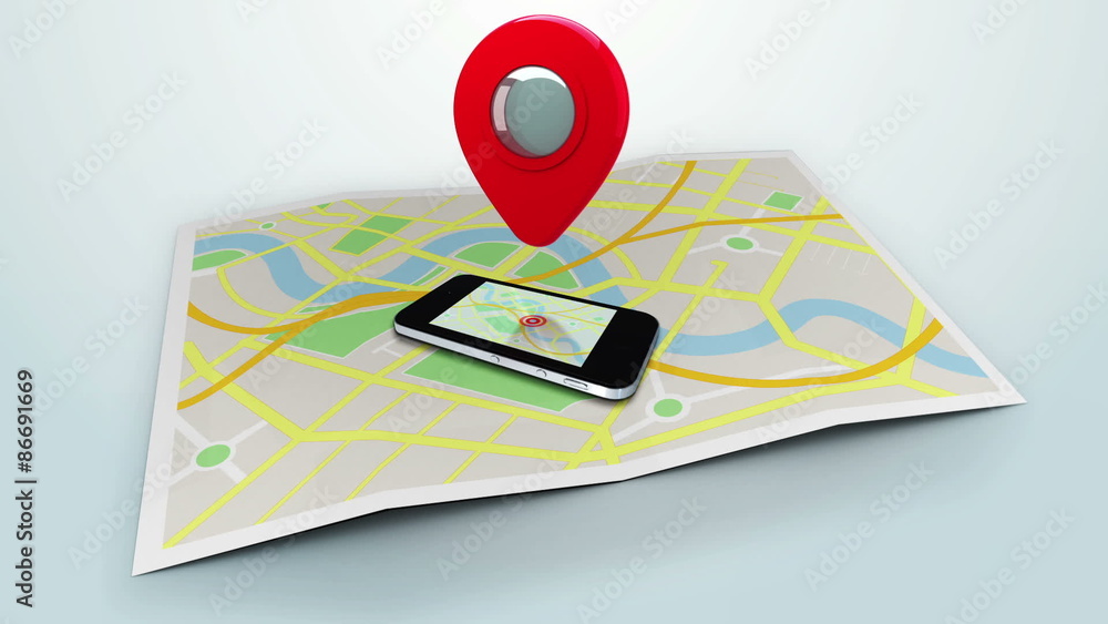 Poster red marker pointing at a mobile lying on a map of a town