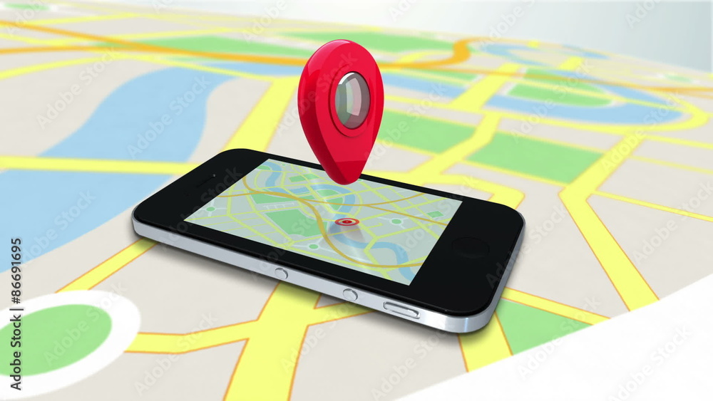 Poster Red marker pointing on a mobile by zooming in on a map 