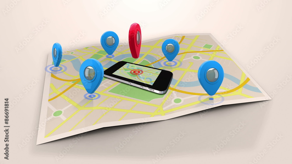 Poster Red marker pointing on a mobile lying on a map