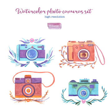 Watercolor photo cameras set.