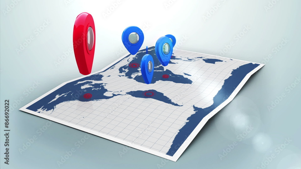 Aufkleber Red pointer on a world map with blue markers