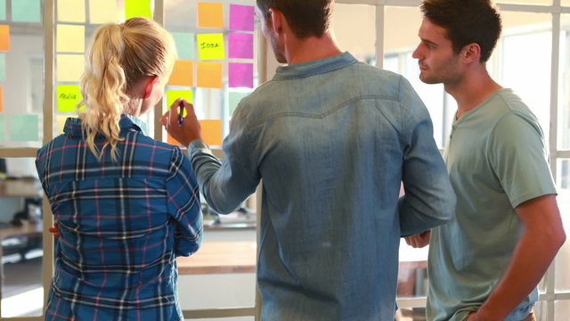 Casual business team looking at post it on the wall