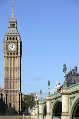 Fototapeta na wymiar Big Ben London clock tower houses of parliament building and westminster bridge over the river thames deep blue summer sky photo vertical