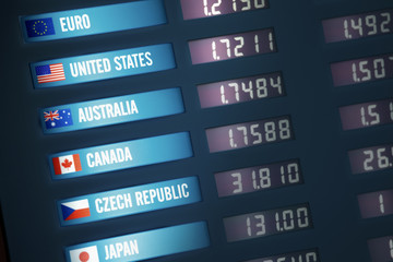 Currency Exchange Board showing various foreign currencies and exchange rates value photo