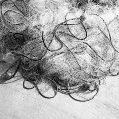 Fishing net laying on concrete pier, black and white