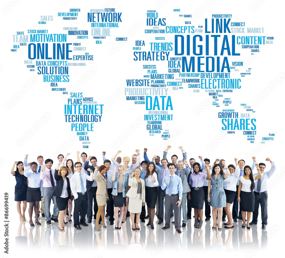 Poster digital media connecting content network technology concept