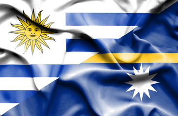 Fototapeta premium Waving flag of Nauru and Uruguay