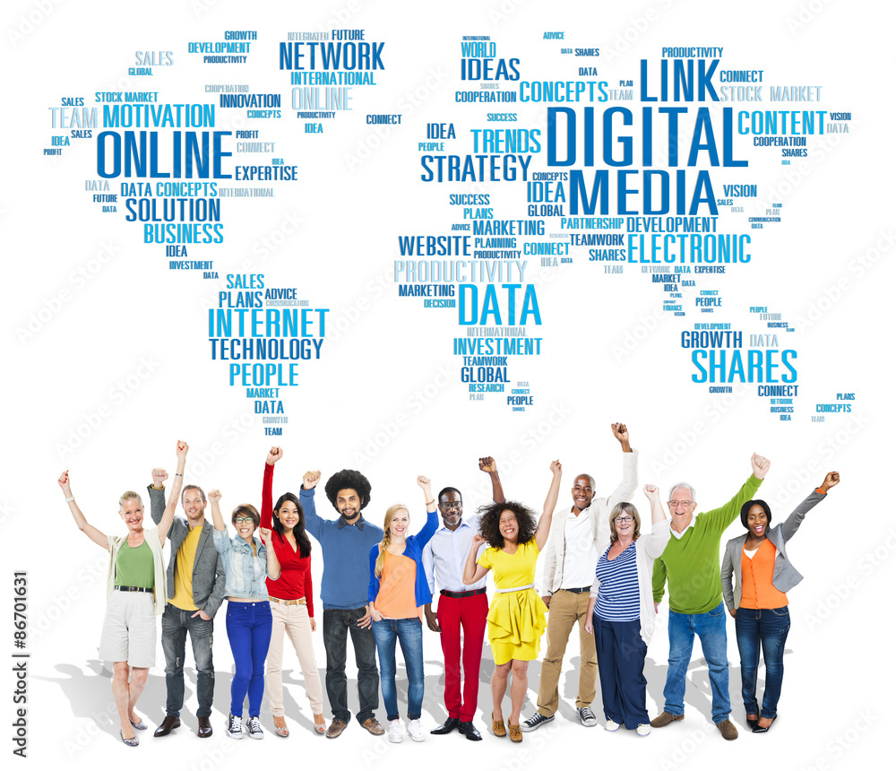 Poster digital media connecting content network technology concept