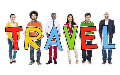 Obraz premium Diverse Group of People Holding Text Travel